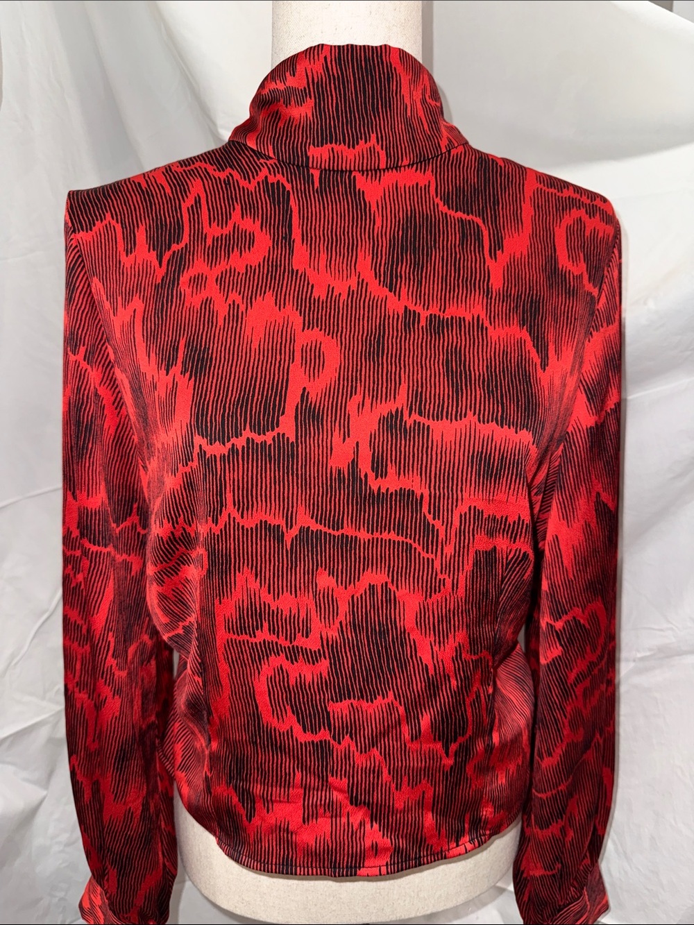 Open Edit Red Abstract-Print Mock Neck Long Sleeve Blouse
